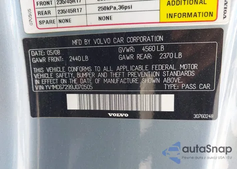 2009 Volvo C70 T5 из США, поврежденный, VIN YV1MC67299J070505